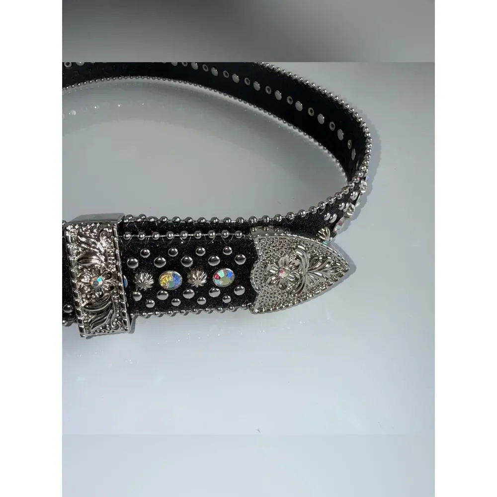 VINTAGE Y2K Black Rhinestone Western Cowgirl Rodeo Belt with Silver Buckle 36 in
